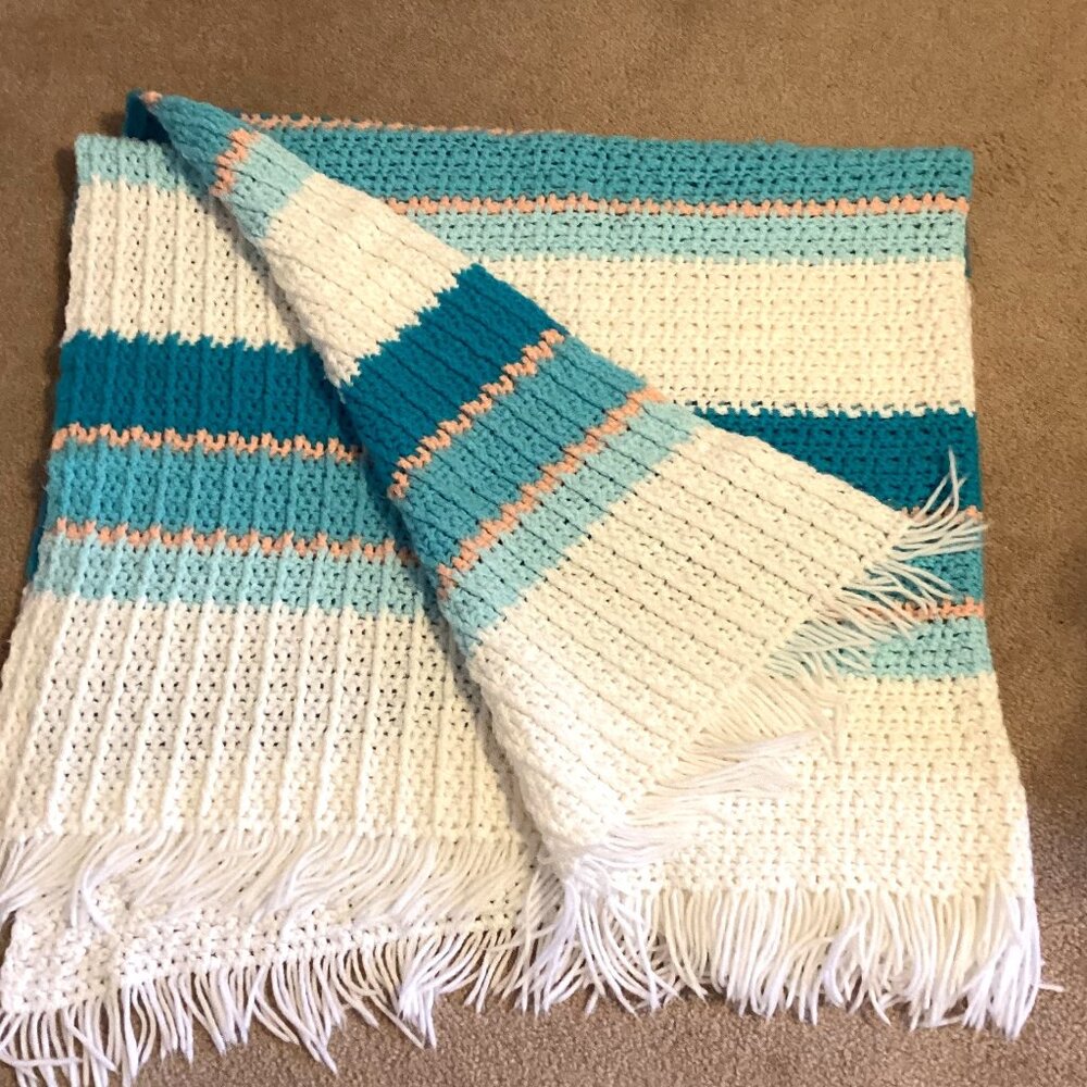 Handmade Crochet Blanket Throw Bedding Blue White